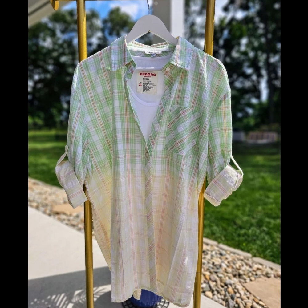 BOUTIQUE NWT White Birch Pastel Green and Peach Plaid Shirt L or XL